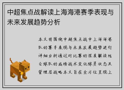中超焦点战解读上海海港赛季表现与未来发展趋势分析