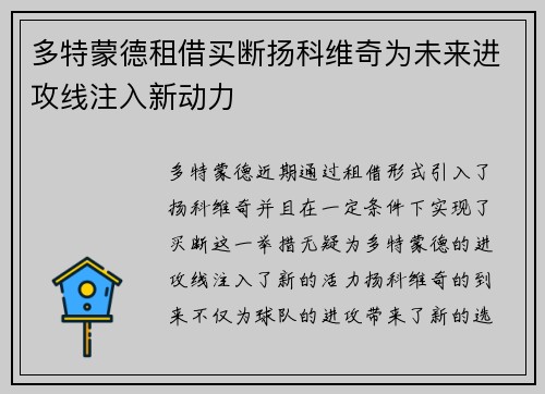 多特蒙德租借买断扬科维奇为未来进攻线注入新动力